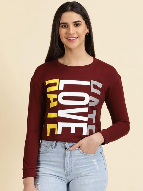 showoff maroon cotton graphic print crop top