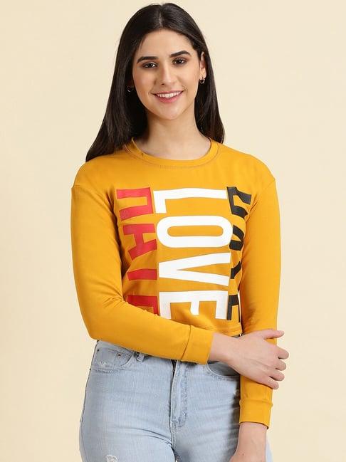 showoff mustard cotton graphic print crop top