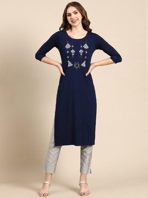 showoff navy cotton embellished kurta