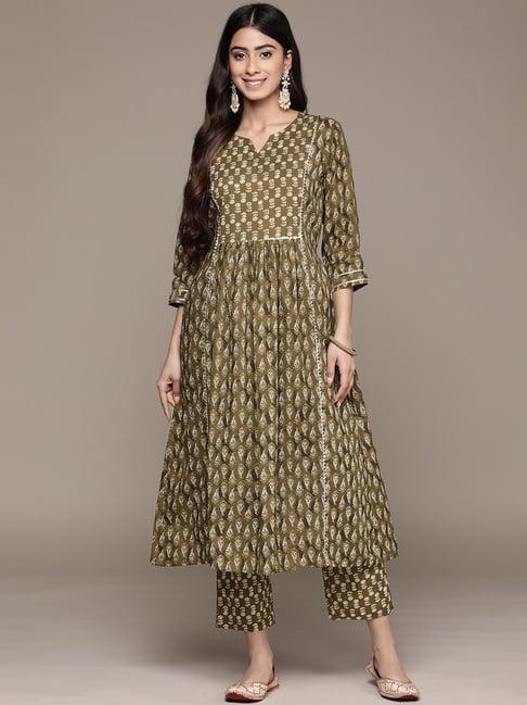 anubhutee green cotton floral kurta pants set