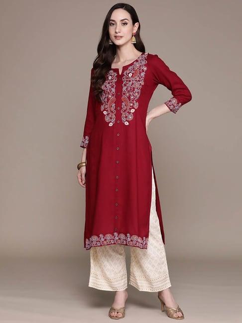 anubhutee maroon & off white embroidered kurta & palazzos set