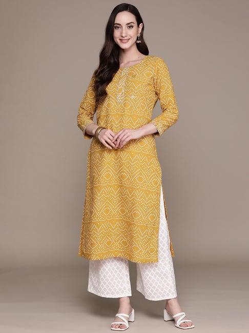 anubhutee mustard & white bandhani print kurta & palazzos set