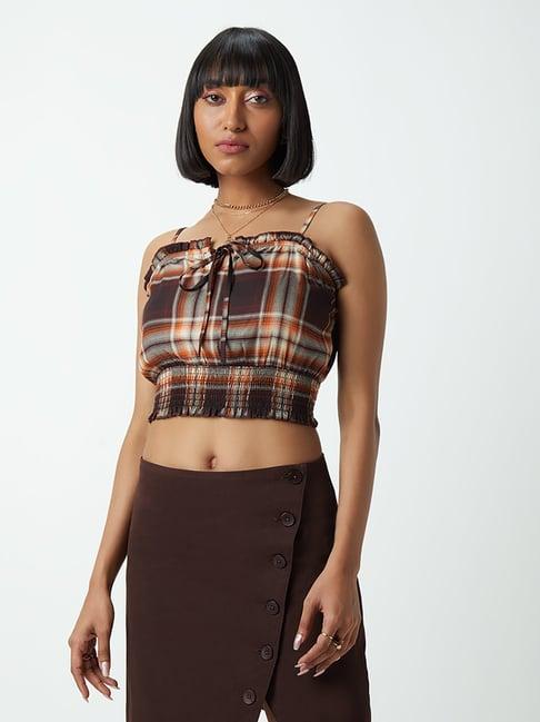 nuon by westside dark brown checkered crop top