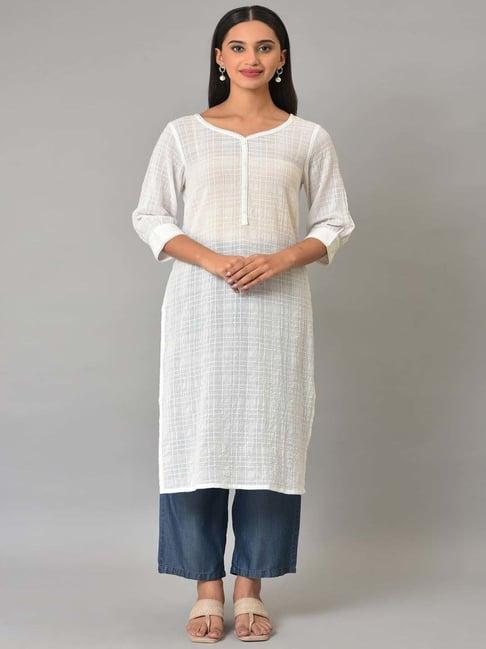 aurelia white & blue cotton woven pattern kurta pant set