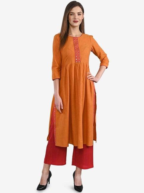 be indi orange & red cotton embroidered kurta palazzo set