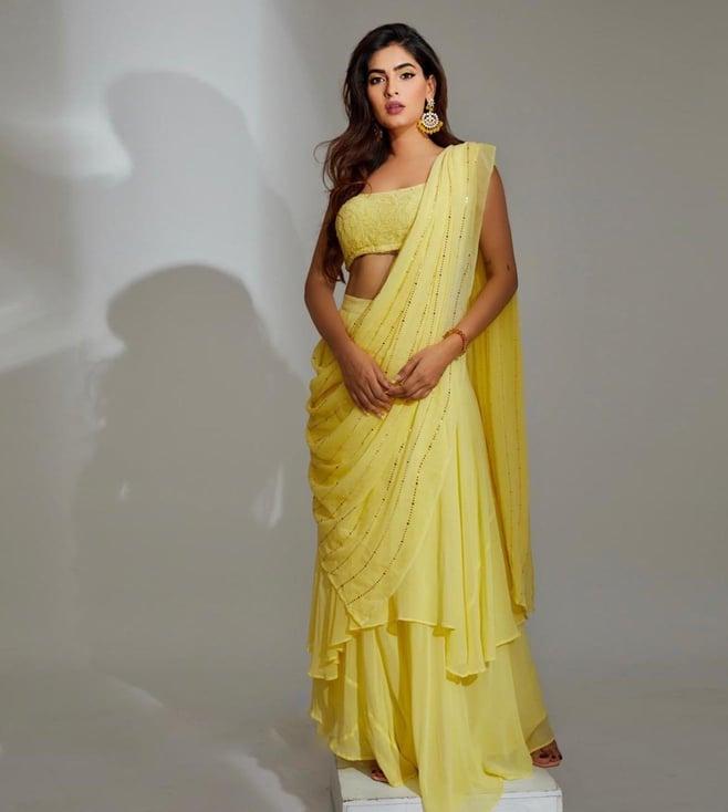 label aishwaryrika yellow la x karishma sharma collection dahlia chikankari lehenga saree