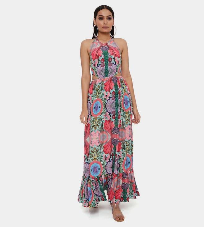 ps pret by payal singhal red enchanted print crepe waist cut-out dress