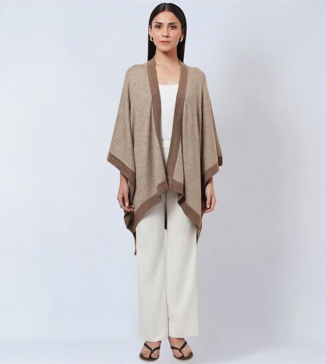 first resort by ramola bachchan sand & brown long knitted cashmere cape