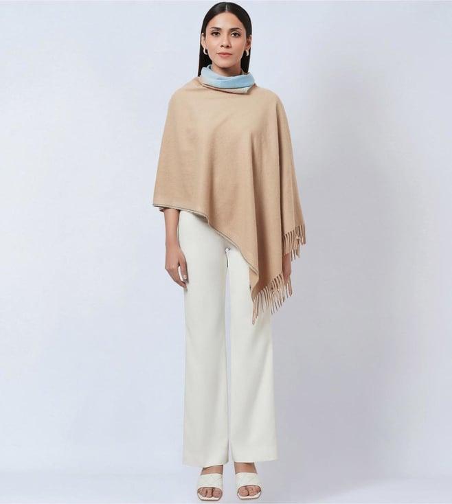 first resort by ramola bachchan beige asymmetrical cowl neck embellished cashmere poncho