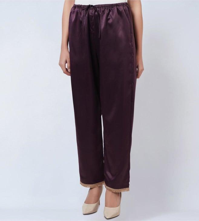 first resort by ramola bachchan purple satin straight pants with lace