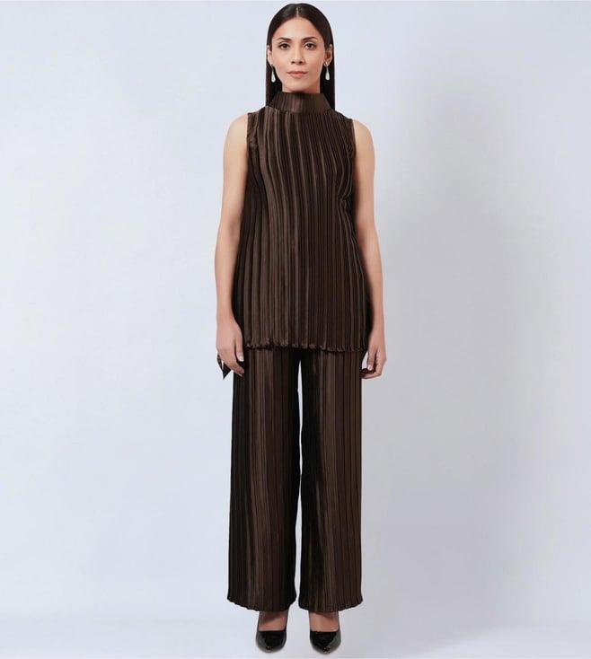 first resort by ramola bachchan brown sleeveless turtle neck box pleated top