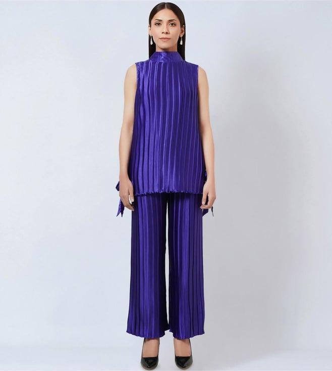 first resort by ramola bachchan purple sleeveless turtle neck box pleated top