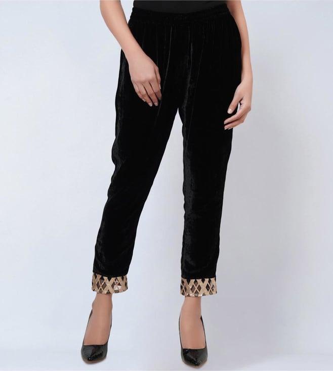 first resort by ramola bachchan black silk velvet straight pants with gota lace detail