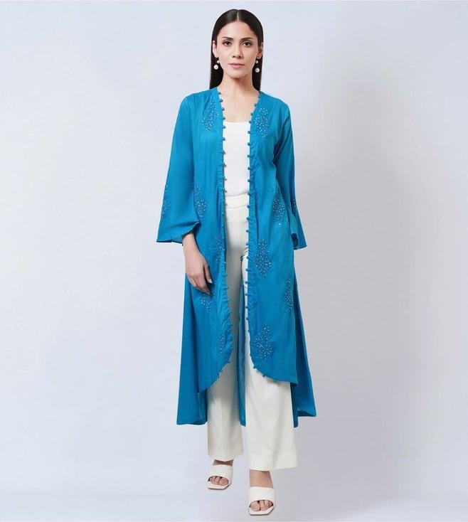 first resort by ramola bachchan blue embellished coat dress