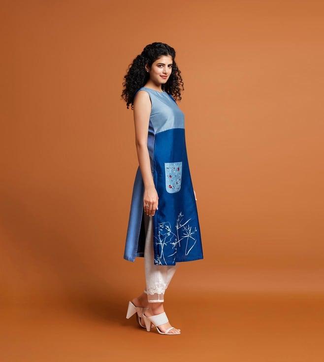 taneira blue silk cotton hand printed patch pocket kurta