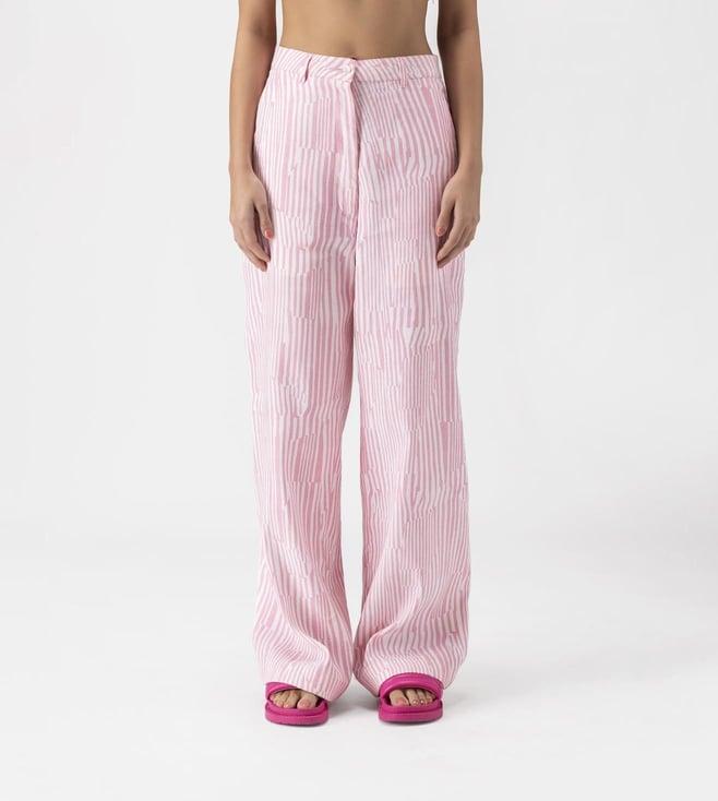 ayurganic pink printed linen womens flared trousers