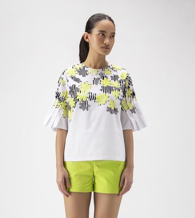 ayurganic white floral collage round neck top