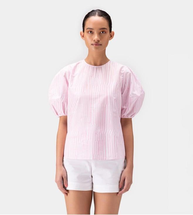 ayurganic pink round neck top with asymettrical stripes