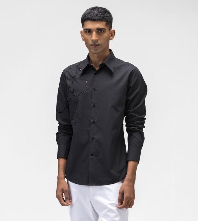 ayurganic black mens shirt with cutout embroidery