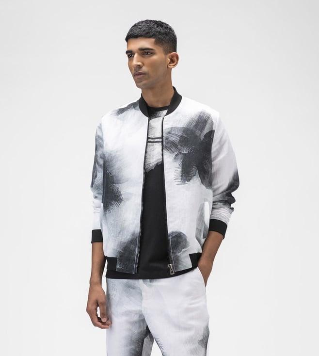 ayurganic black ombre floral mens linen bomber jacket