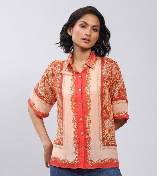 label ritu kumar orange printed button-down shirt