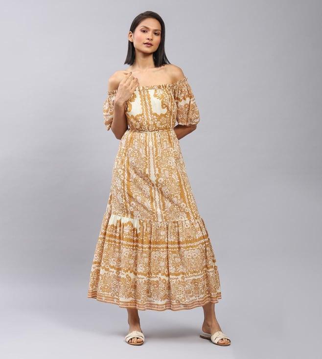 label ritu kumar beige floral print off-shoulder long dress