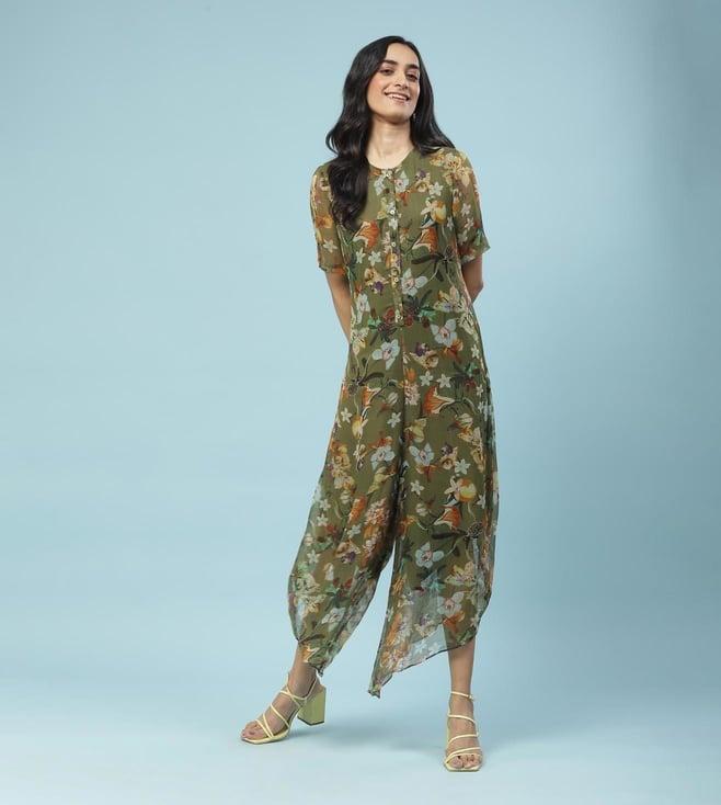 aarke ritu kumar green floral print asymmetrical jumpsuit