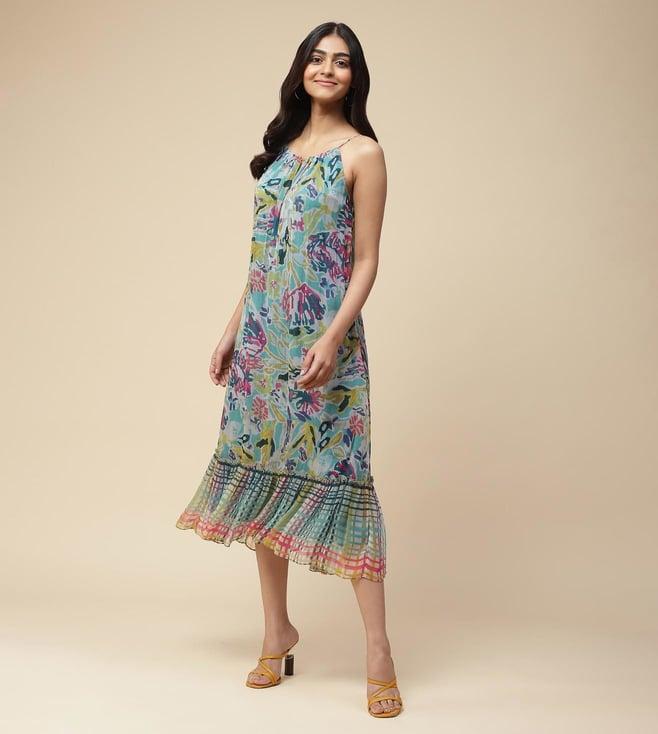 aarke ritu kumar turquoise abstract print strappy dress with ruffle