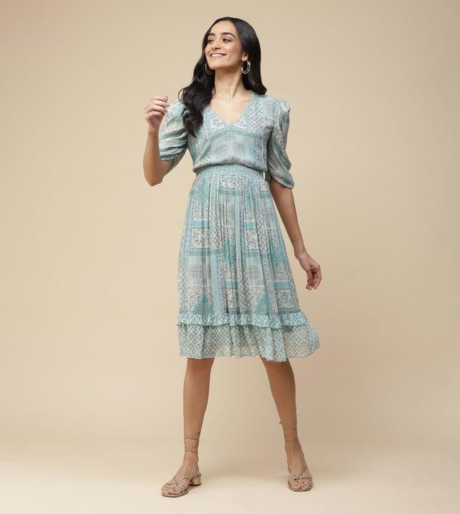 aarke ritu kumar blue abstract print ruffled short dress