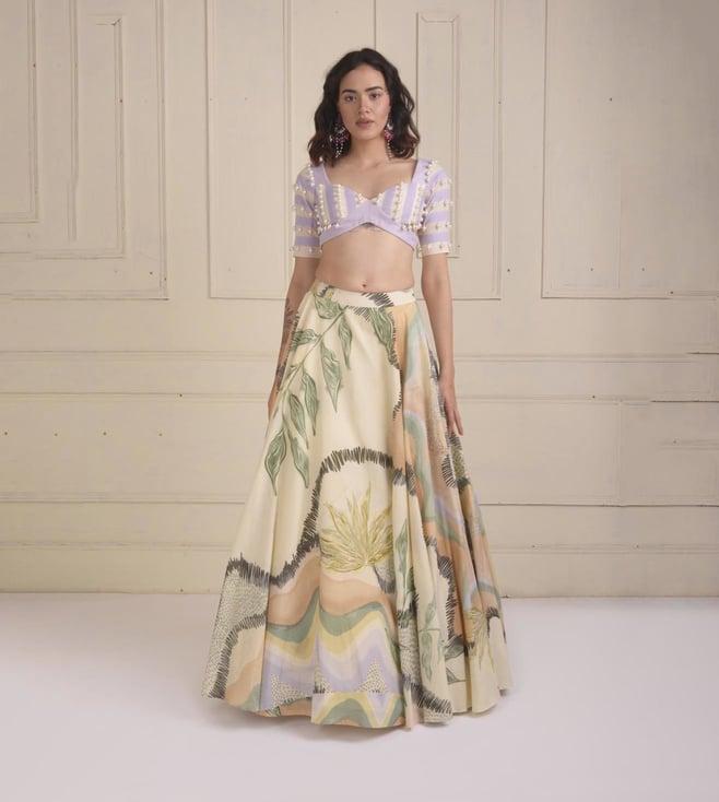 shwetanga ivory zarra printed lehenga with blouse and an embroidered half-n- half dupatta