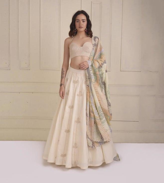 shwetanga ivory zarra lehenga with bustier and a printed dori scalloped dupatta