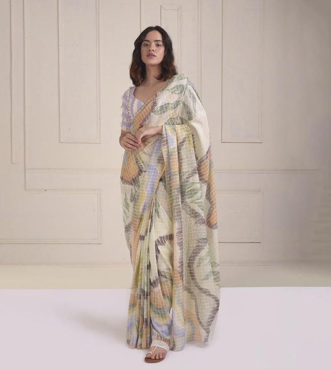 shwetanga ivory zarra checkered printed saree with beaded patchwork blouse