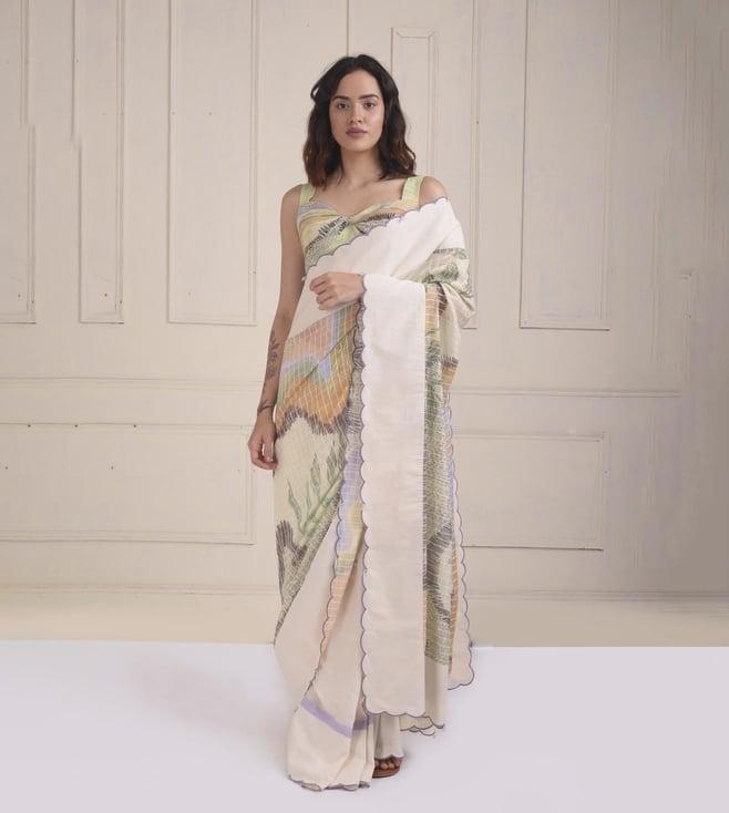 shwetanga ivory zarra solid scalloped border printed saree with a printed draped blouse