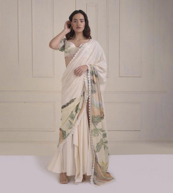 shwetanga ivory zarra half-n-half embroidered printed drape saree