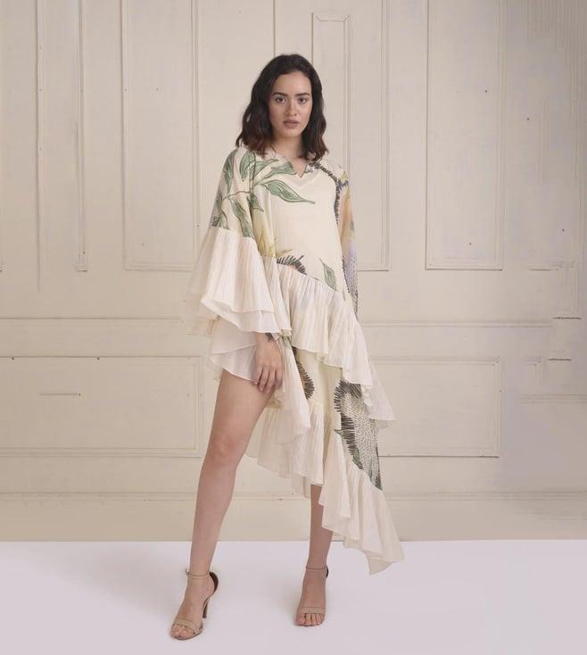 shwetanga ivory zarra asymmetrical printed kaftan dress with 2 tiers of frill