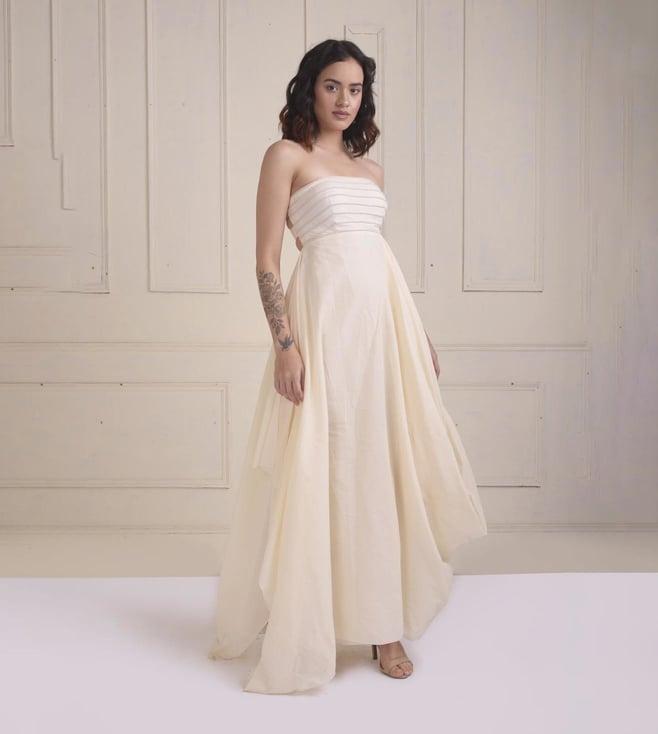 shwetanga ivory zarra draped gown with embroidered stripes