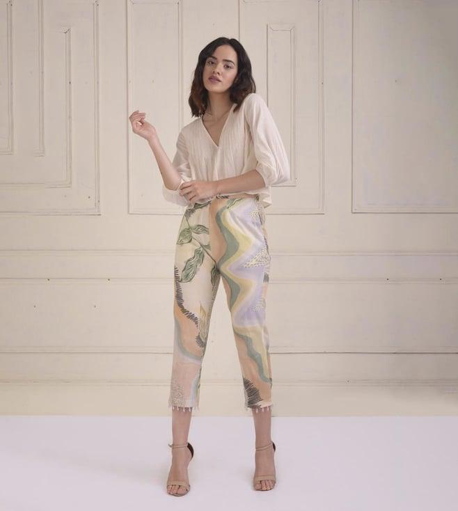 shwetanga ivory zarra pintucks crop top with a printed cropped pants