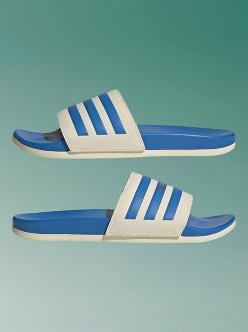 adidas men's adilette comfort white & blue slides