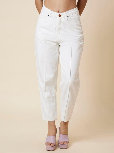 globus white cotton mid rise cropped boyfriend jeans