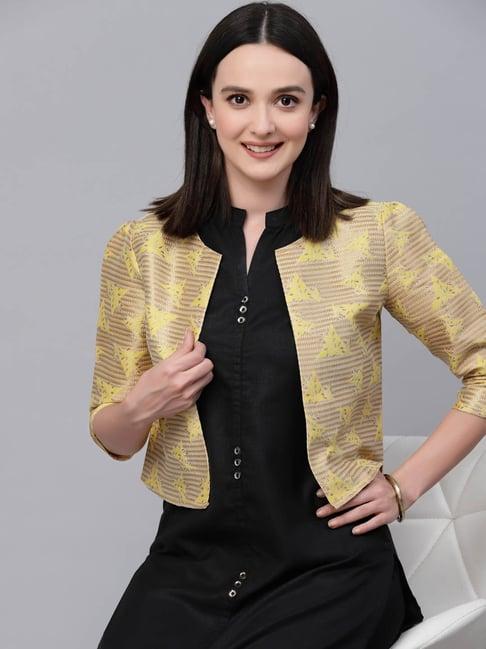 style quotient yellow printed ethnic crop shrug