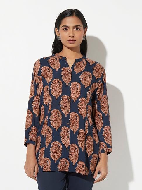 utsa by westside indigo notched-neck ethnic top