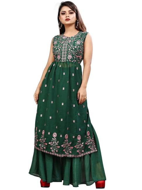 apnisha green embroidered kurta sharara set