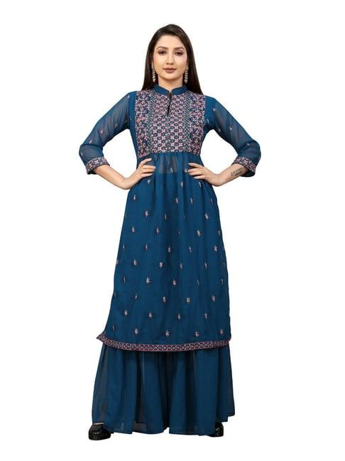 apnisha blue embroidered kurta sharara set