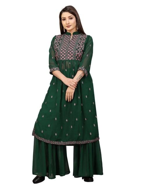 apnisha green embroidered kurta sharara set