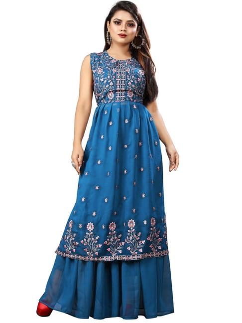 apnisha blue embroidered kurta sharara set