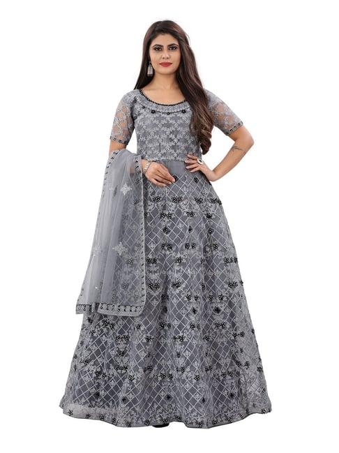 apnisha grey embroidered semi-stitched gown