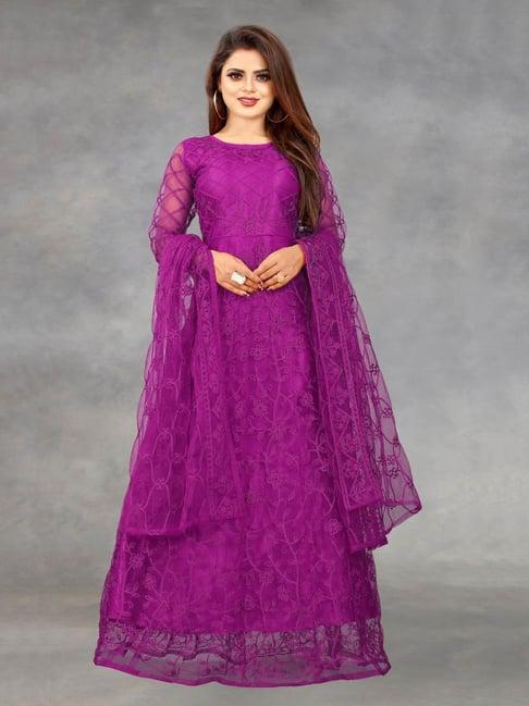 apnisha purple embroidered semi-stitched gown