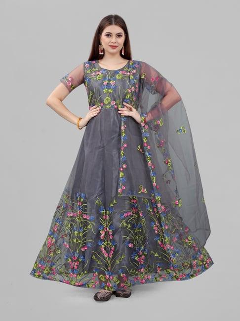 apnisha grey embroidered semi-stitched gown