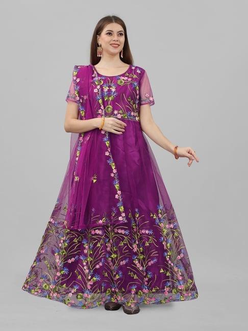 apnisha purple embroidered semi-stitched gown