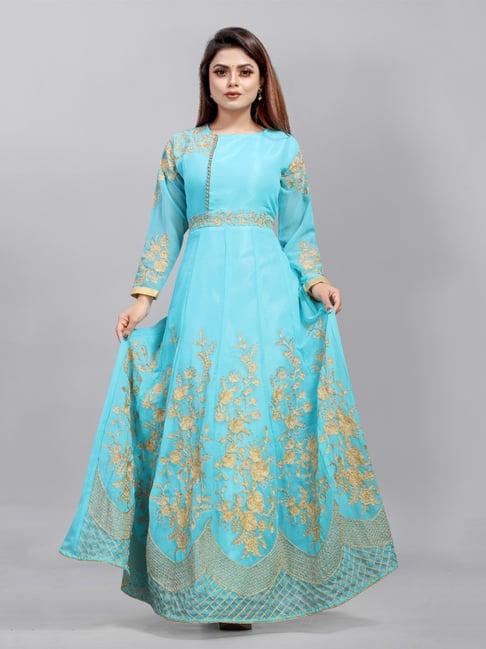 apnisha turquoise embroidered semi-stitched gown